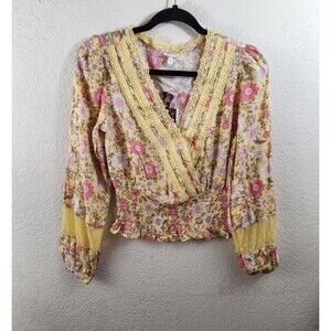 New Self Love Womens S Yellow Floral Long Sleeve V-Neck Lace Bohemian Blouse